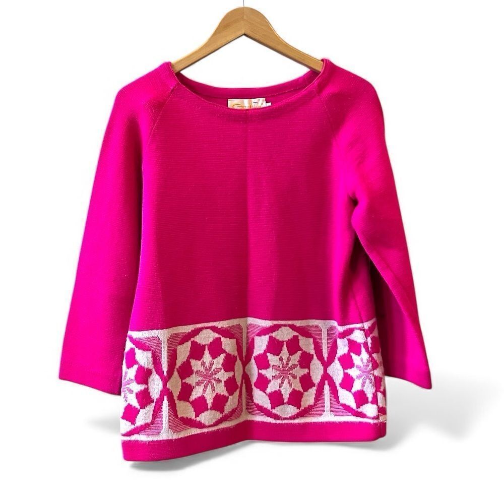 Catalina Jacquard 60’s Sweater Sz 38/M Pink‎ White Geometric Design 3/4 Sleeves